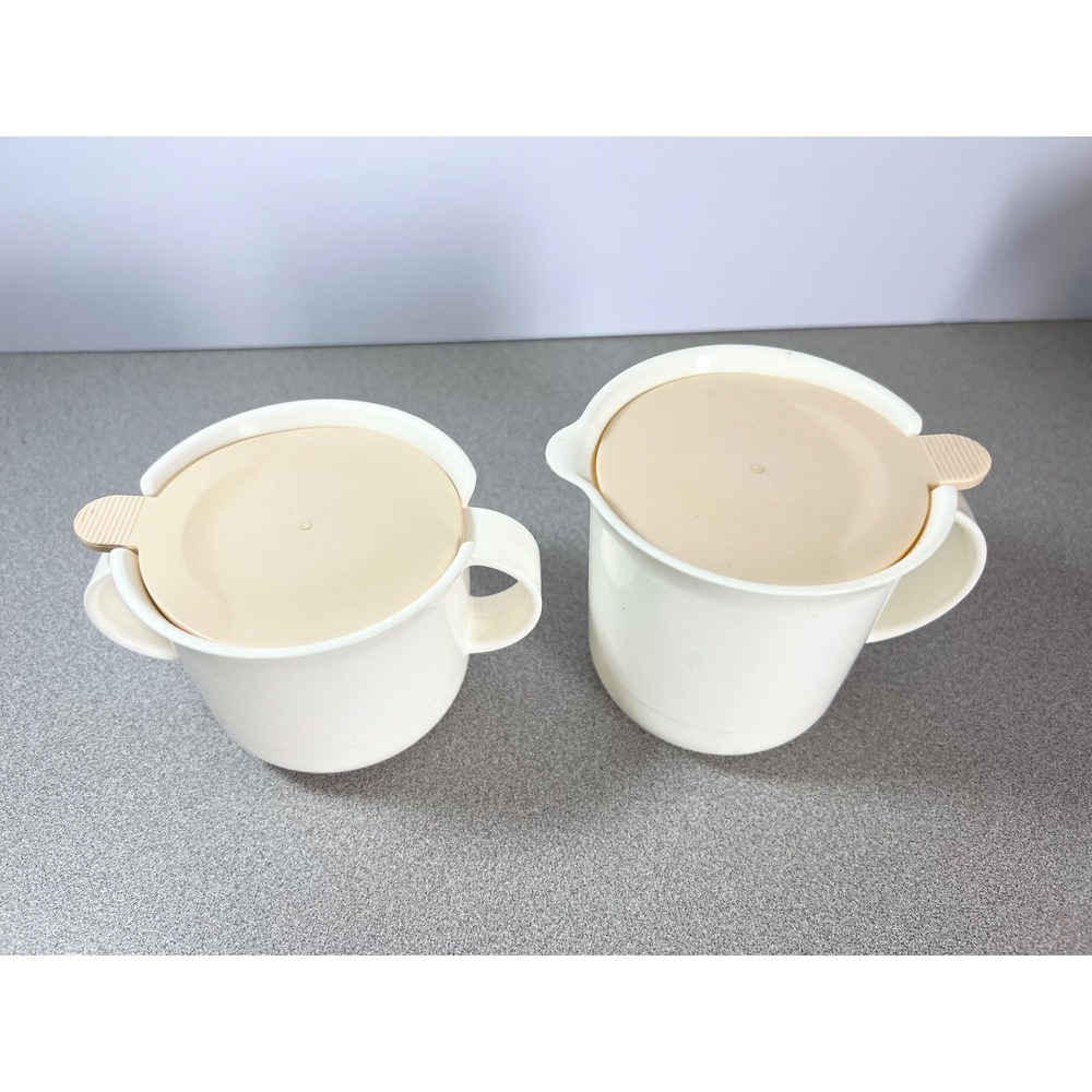 Vintage Tupperware Creamer and Sugar Set - creamy white,beige/pinkish lid 1980s